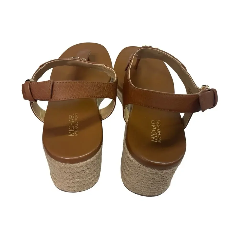 New Michael Kors Sandals Womens 7.5 Brown Leather T Strap Wedge Espadrille Beach